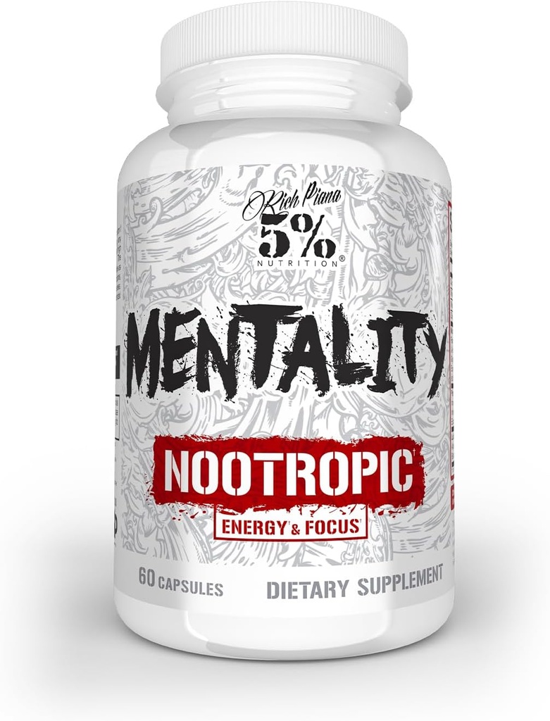 5 % Nutrition Riche Piana Mentality Nootropic Blend Supplément booster cerveau pour la performance, la mémoire, la clarté mentale, Ginseng, Ginkgo, L-Theanine, Choline, Huperzine, 60 capsules (30 jours d'approvisionnement)