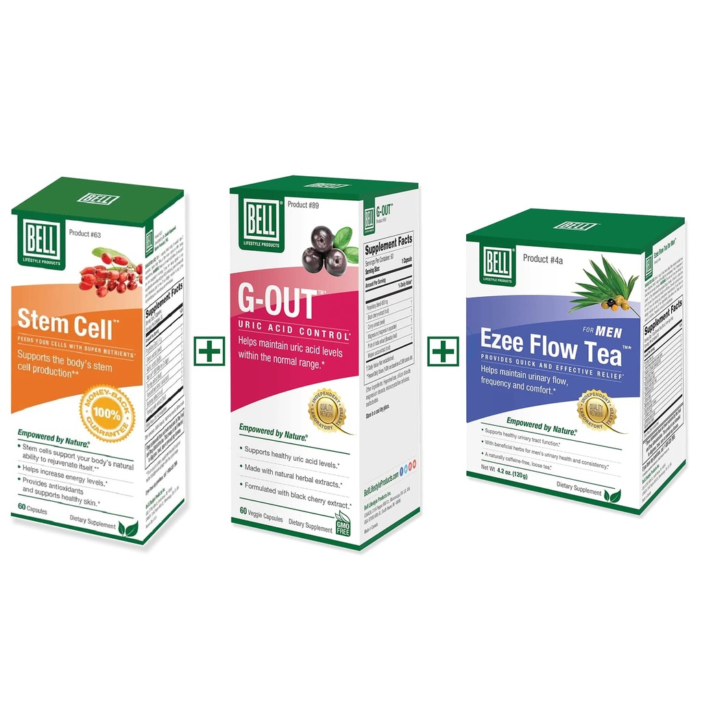 Bell Bundle – Ezee Flow Urinary Support Tea for Men, Suppléments de cellules souches, & G-Out Uric Acid Cleanse – 25 ans dans le monde, vendu directement par le fabricant
