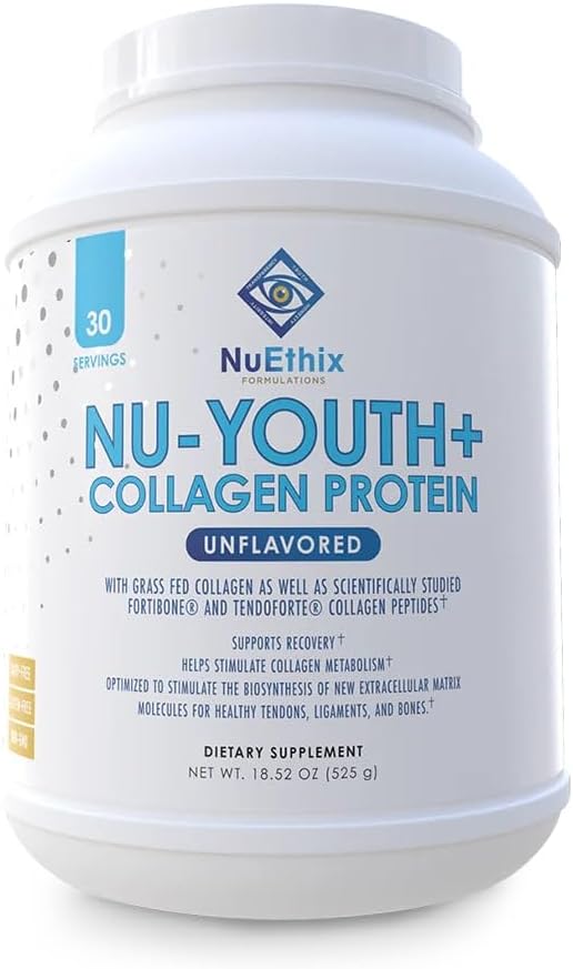 NuEthix Formulations Nu-Youth + Collagen Protein, Collagen Peptides, peut aider à soutenir les os et les articulations complément alimentaire, 30 portions