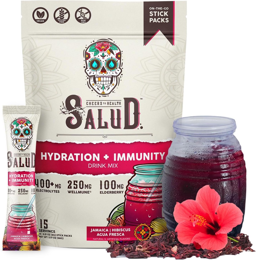 Salud 2-en-1 Packs d'hydratation + Immunity Electrolytes Poudre, Hibiscus - Jamaica Agua Fresca Mélange de boisson, Elderberry, Sans produits laitiers et sans soja, Non-OGM, Sans gluten, Vegan, Faible calories, 1g de sucre (15 portions)