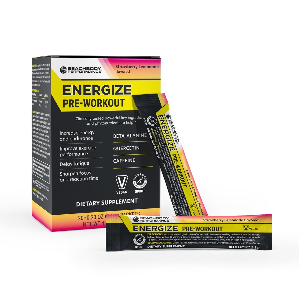 BODi Energize Pre Workout Powder - Beta-Alanine, Quercetin & Formule de caféine à faible teneur en sodium pour l'énergie améliorée et la concentration, Augmenter le supplément d'énergie et d'endurance, Lémonade aux fraises aromatisée, 20 bâtons