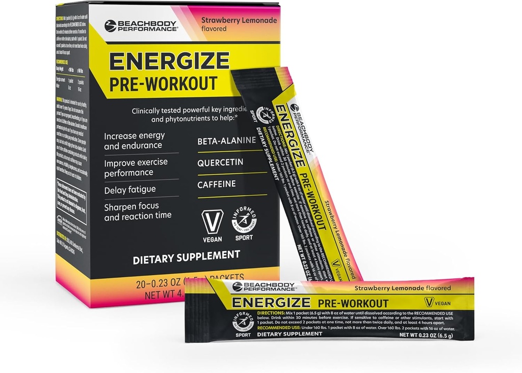 BODi Energize Pre Workout Powder - Beta-Alanine, Quercetin & Formule de caféine à faible teneur en sodium pour l'énergie améliorée et la concentration, Augmenter le supplément d'énergie et d'endurance, Lémonade aux fraises aromatisée, 20 bâtons