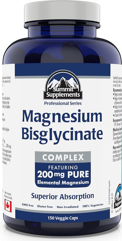 Suppléments du Sommet - Complexe de bisglycinate de magnésium 200 mg, 150 Caps végétatifs - Aide au développement et à l'entretien des os et des dents - Maintien d'une fonction musculaire adéquate et aide à la formation des tissus