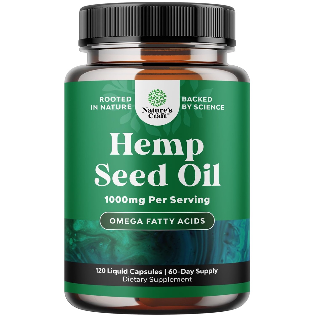 Capsules d'huile de chanvre à absorption élevée - Vegan Omega 3 6 9 Supplément avec les acides gras essentiels pour le soutien articulaire Relaxing Mood and Skin Health - Halal Non-GMO 1000mg par servir Capsules d'huile de chanvre