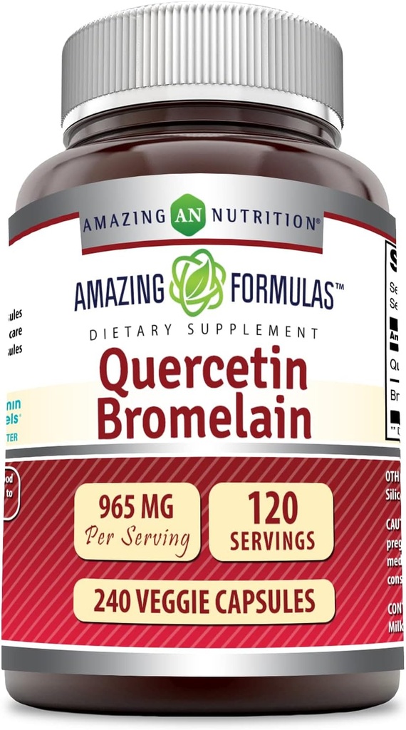 Amazing Nutrition Quercetin 800 Mg avec Bromelain 165 Mg Capsules Véggie Supplément de Gluten Sans GMO (Fabriqué aux USA) Convient aux végétariens (240 Nombre)