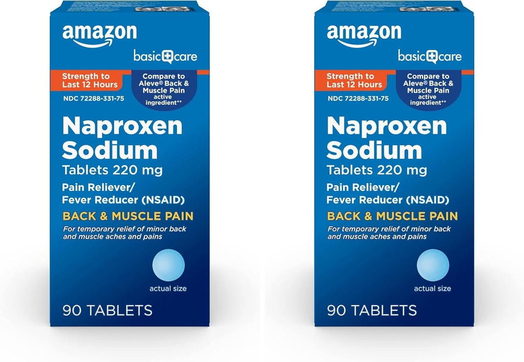 Soins de base Douleurs dorsales et musculaires, comprimés de sodium de Naproxen 220 mg, analgésique et réducteur de fièvre, pour maux de dos, douleurs musculaires, douleurs d'arthrite mineure, maux de tête et plus, 90 Compte (paquet de 2)