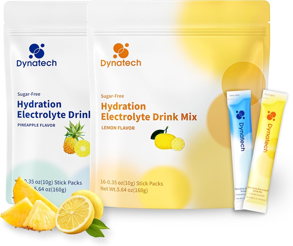 Dynatech Zero Sugar Electrolyte Drink Mix - Citron,Pineapple - Packs en poudre d'hydratation avec 10 électrolytes et vitamines.