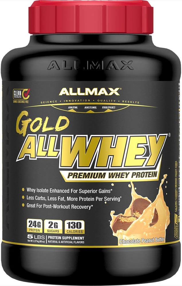 ALLMAX Gold ALLWHEY, Chocolate Peanut Butter - 5 lb - 24 Grams of Protein Per Scoop - Gluten Free, Low Carb & Low Sugar - Approx. 71 Servings