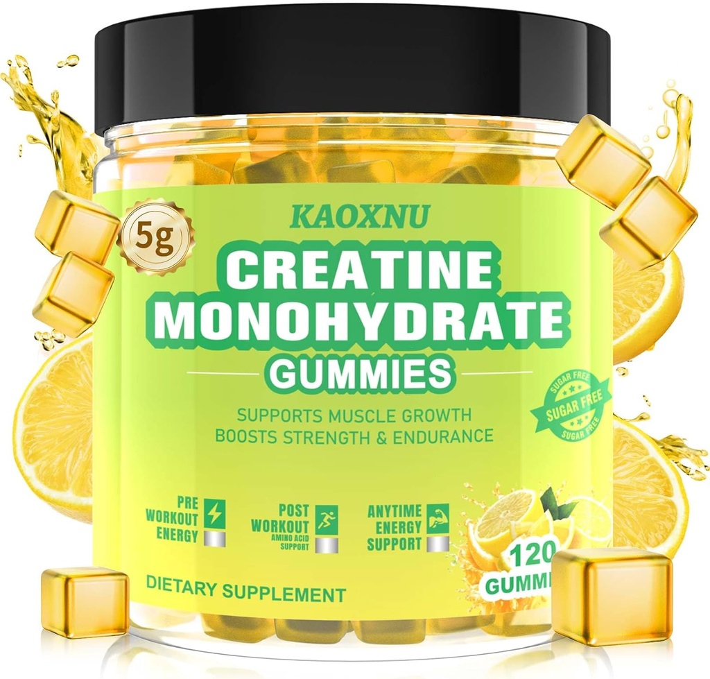 Gommies monohydratées de créatine 5600mg pour les hommes et les femmes, 120 CT Gommies créatine à croquer pour le soutien musculaire, stimuler l'énergie, 5,6g de monohydrate de créatine par service - sans sucre, végétalien (arôme de citron)