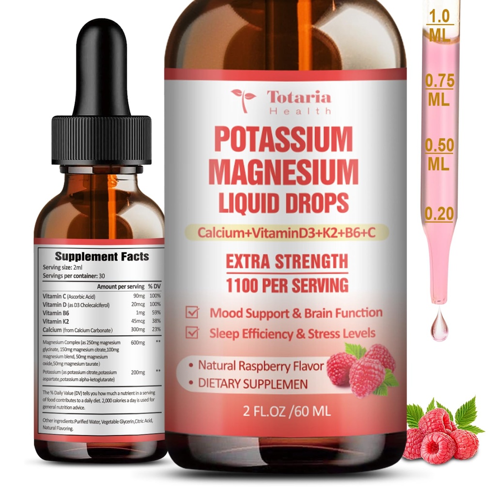 Supplément de magnésium potassique gouttes liquides - Supplément de potassium à haute absorption avec magnésium, calcium, vitamine D3 K2, végétalien, crampes de jambe de soutien non OGM Potasio, os, muscle - 2 fl oz