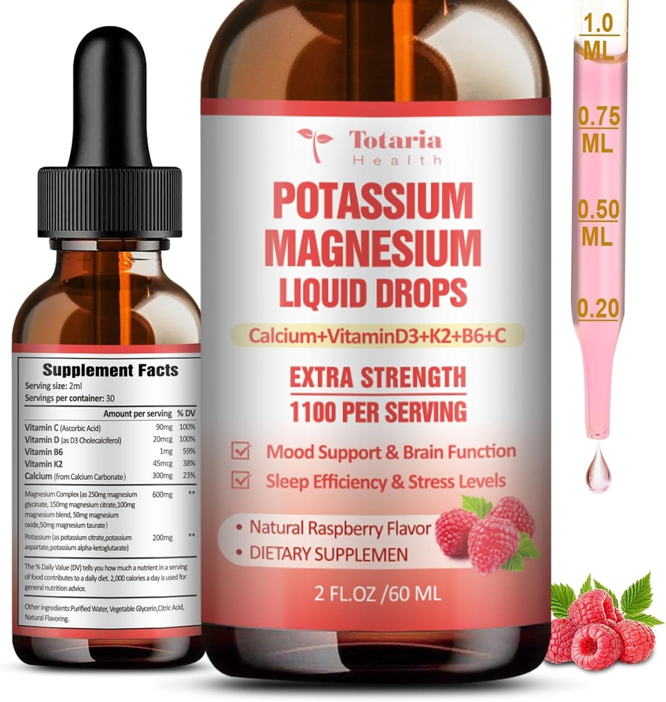 Supplément de magnésium potassique gouttes liquides - Supplément de potassium à haute absorption avec magnésium, calcium, vitamine D3 K2, végétalien, crampes de jambe de soutien non OGM Potasio, os, muscle - 2 fl oz