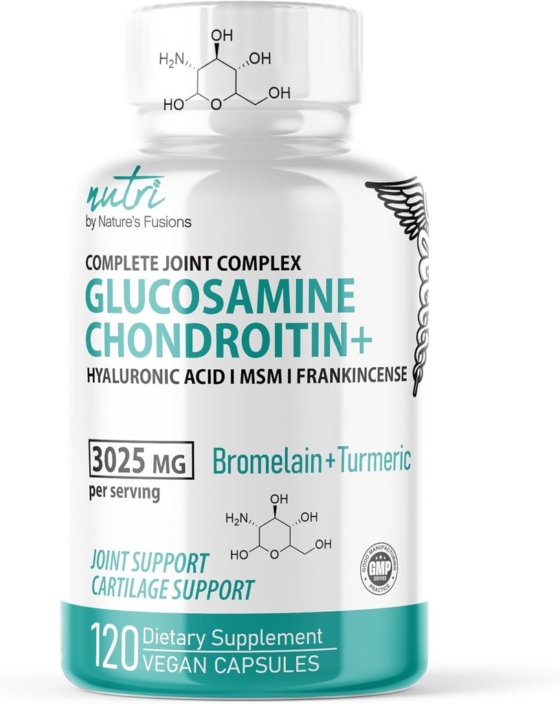 Nature's Fusions Glucosamine Chondroïtine MSM Turmeric Boswellia - Supplément de soutien conjoint - 120 Capsules - Chondroïtine Sulfate Capsules - avec l'acide hyaluronique - soutient des os sains