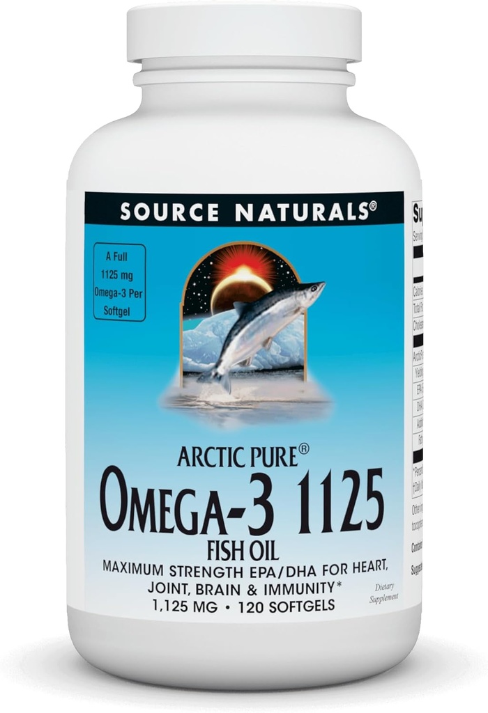 Source Naturals ArcticPure Omega-3 Huile de poisson 1125mg Ultra Potency Maximum Strength EPA + DHA pour la santé du coeur, des articulations, du cerveau et des immunitaires - 120 Softgels