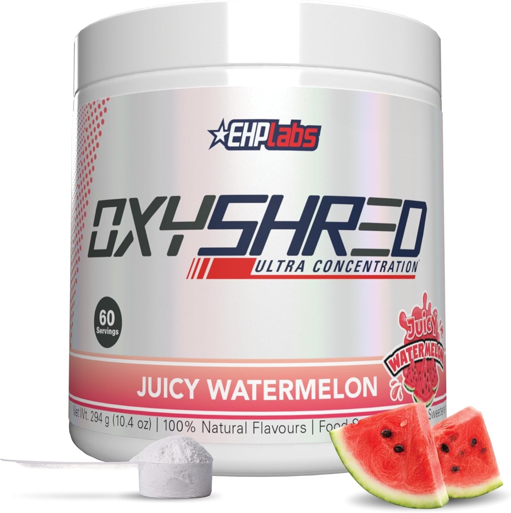 EHP Labs OxyShred Pre Workout Powder - Preworkout Powder with L Glutamine & Acetyl L Carnitine, Boissons pour stimuler l'énergie - Pastèque juteuse, 60 portions