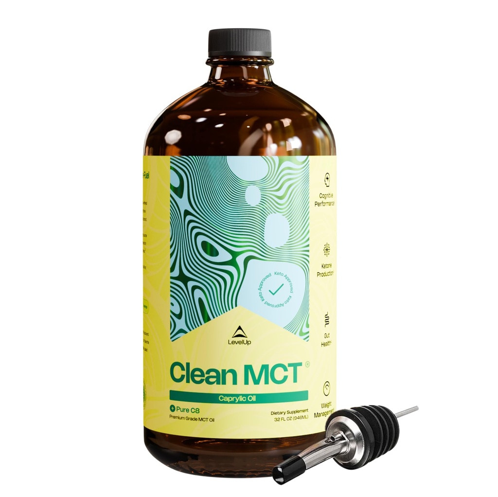 Niveau de nettoyage MCT Huile - 100% Caprylique C8 pour l'énergie, Focus, Gut Health, Cerveau Superfuel - Supplément kéto pour café et cétones kétogéniques - Non-OGM (Bouteille de verre de 32 oz)
