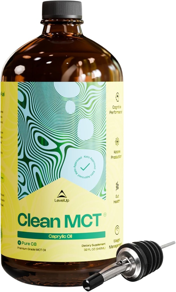 Niveau de nettoyage MCT Huile - 100% Caprylique C8 pour l'énergie, Focus, Gut Health, Cerveau Superfuel - Supplément kéto pour café et cétones kétogéniques - Non-OGM (Bouteille de verre de 32 oz)