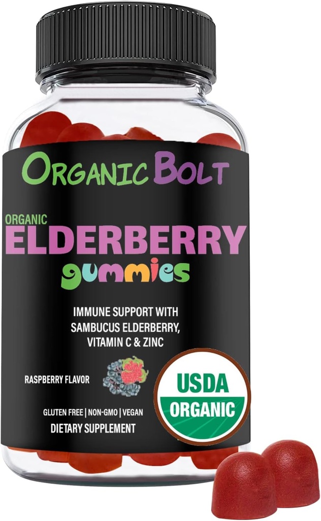 Gummées de baies aînées biologiques USDA - Haute puissance 150mg Gummées de baies aînées biologiques pour adultes et enfants avec vitamine C et zinc - Gummées de soutien immunitaire - Vegan, gélatine et sans gluten - 60 Nombre