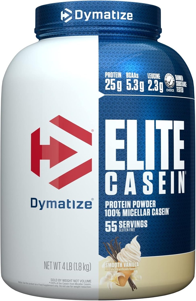Dymatize Elite Casein Protein Powder, Vanilla, 100% Micellar Casein, 25g Protein, 5.4g BCAAs, 2.3g Leucine, Slow Absorbing for Overnight Muscle Recovery, 4 lb (55 Servings)