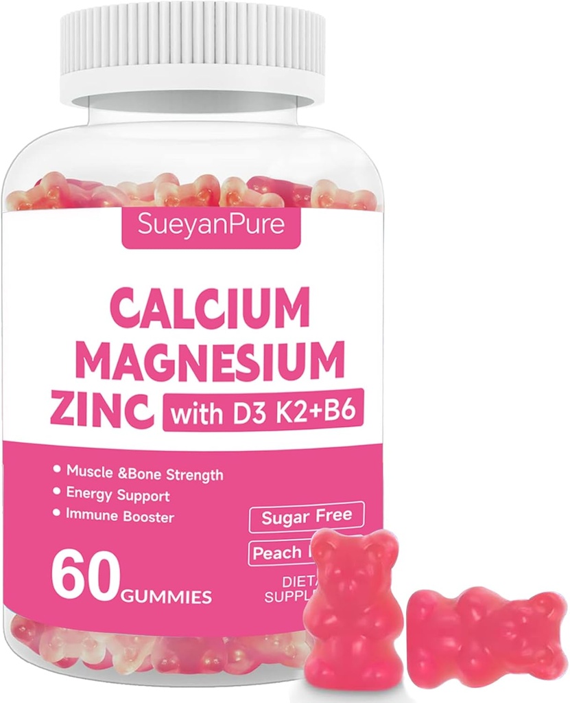 Gommies de zinc de magnésium sans sucre avec VC D3 & B6 & K2.600mg Gommies de calcium avec 300mg Soutien au magnésium os et muscles pour adultes et adolescents (60 Nombre (paquet de 1))