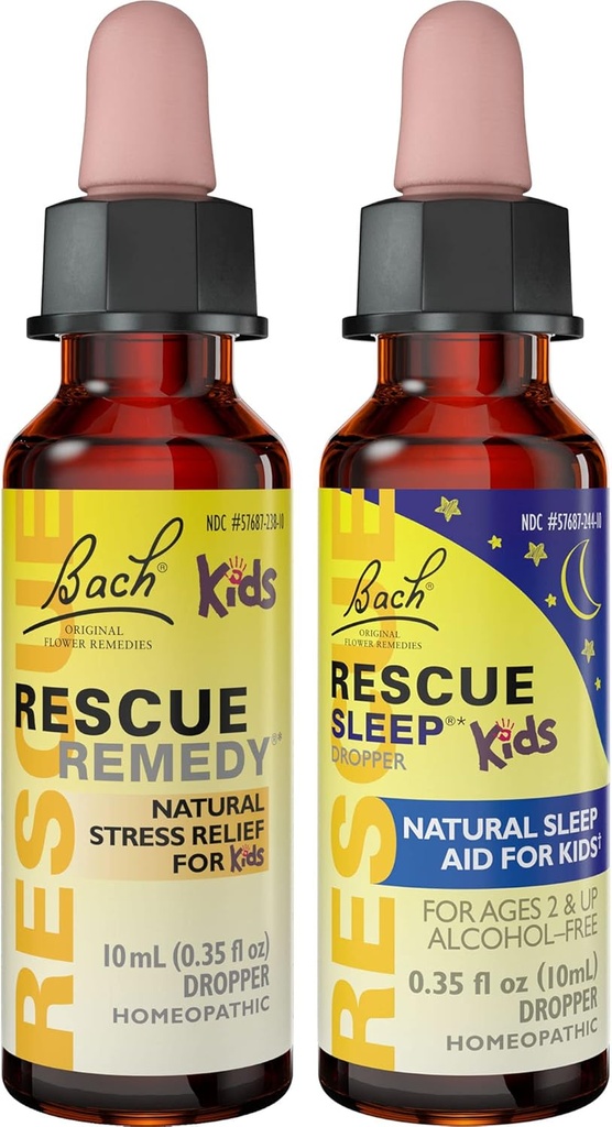 Kids Day & Night Bundle, Bach RESCUE Remedy Kids Dropper [and] RESCUE Sleep Kids Dropper- 2-Pk, Stress Relief & Sleep Support with Natural Flower Essences, homéopathique, Non-Alcohol Formula, 10mL Ea