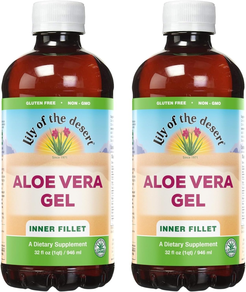 Lily Of The Desert Aloe Vera Gel - Filet intérieur épaississant Consistance Aloe Vera boisson avec des vitamines naturelles, enzymes digestives pour la santé Gut, soulagement de l'estomac, bien-être, peau Glowing, 32 Oz (paquet de 2)