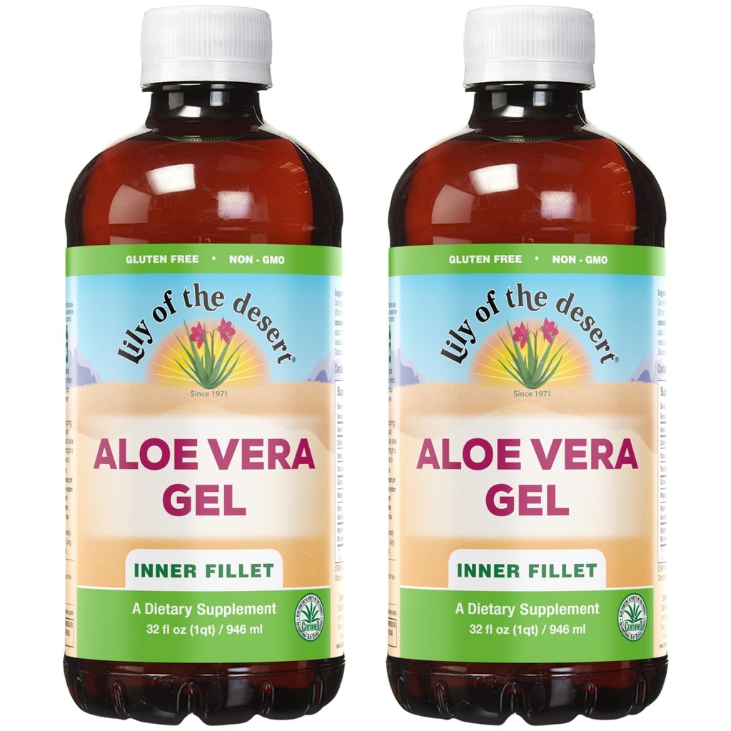 Lily Of The Desert Aloe Vera Gel - Filet intérieur épaississant Consistance Aloe Vera boisson avec des vitamines naturelles, enzymes digestives pour la santé Gut, soulagement de l'estomac, bien-être, peau Glowing, 32 Oz (paquet de 2)