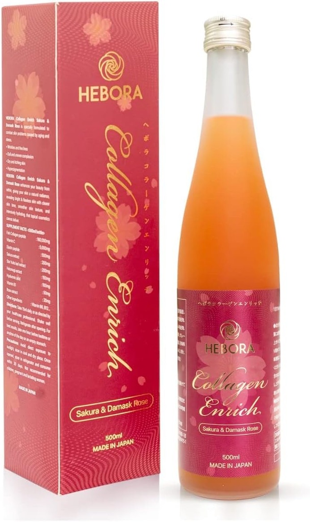 Collagène Enrich Japon - 160 000 mg Peptide de collagène marin + 112 Enzym Peptide Vegie + Damas Rose Boissons liquides Améliorer les ongles capillaires Peau et articulations (Bottes 16,9 fl oz - 500ml)