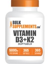 BulkSupplements.com Vitamine D3 + K2 5000 UI Softgels - Supplément D3 K2, pour la santé immunitaire - Sans gluten, 1 Softgel par portion, 365 Compte (paquet de 1)