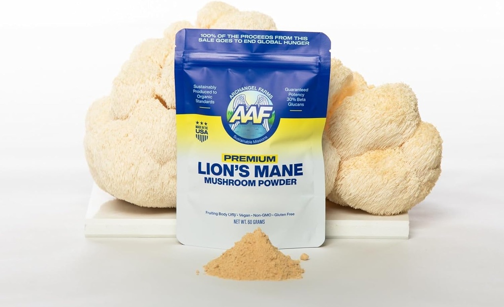 Poudre de champignons Lion's Mane, Supplément Cerveau pour mémoire et focus, Supplément Beta-Glucan Vérifié, Supplément Digestion & Immune Support, Organique & Non-OGM, 60g, 60 jours