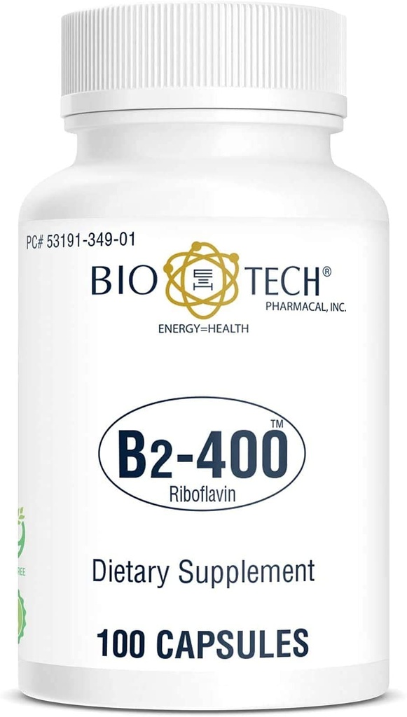Bio-Tech Pharmacal B2-400, 100 Capsules – Supplément tout naturel – soutient la clarté et la productivité – Pas de laiterie, poisson, gluten, arachide, mollusques, GMOS, et soja – Pas de couleurs artificielles
