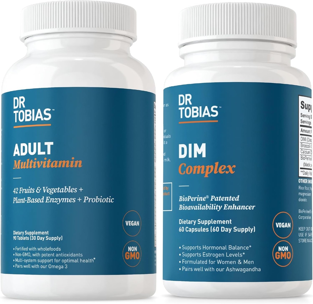 Dr Tobias Multivitamine et Complexe DIM adulte, soutient l'équilibre énergétique, immunitaire et hormonal pour les hommes et les femmes avec 42 fruits et légumes, BioPerine, Brocoli Extract & Calcium, Non-OGM