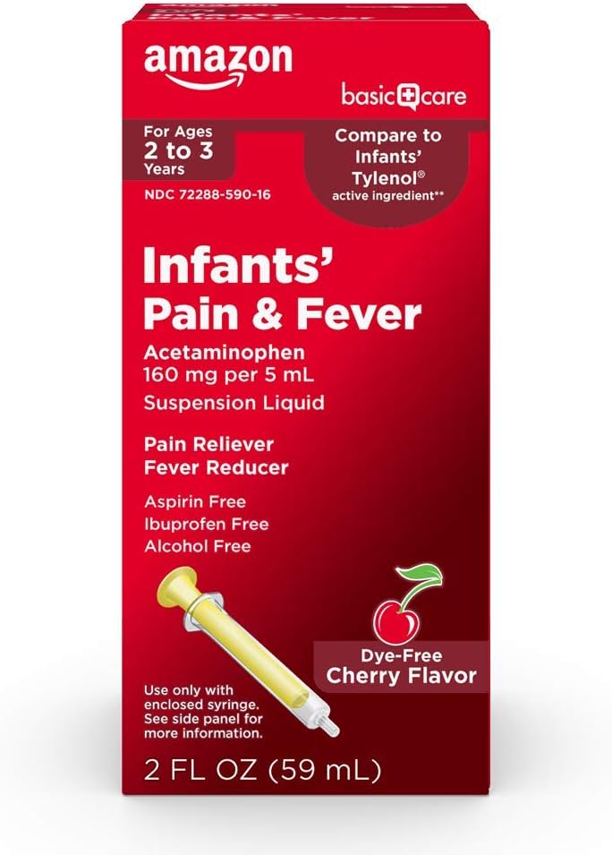Amazon Basic Care Infants' Pain & Fever, Acetaminophen 160 mg per 5 mL, Suspension Liquid, Dye-Free Cherry Flavor, 2 fl oz (Pack of 1)