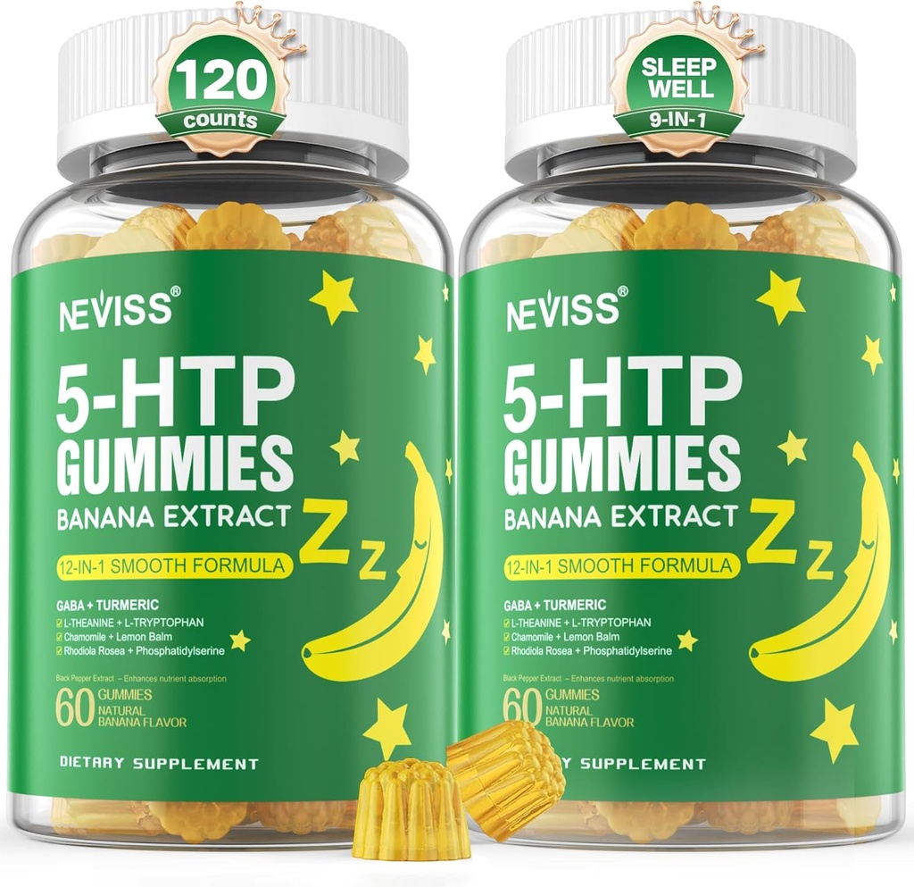 5-HTP Gummies + GABA - Melatonin Free - Relaxation Gummies with Banana Extract, L-Theanine,L-Tryptophan, Vitamin D3 for Healthy Rest Cycle & Circadian Rhythm, Brain Function & Muscle Relax, Pack of 2