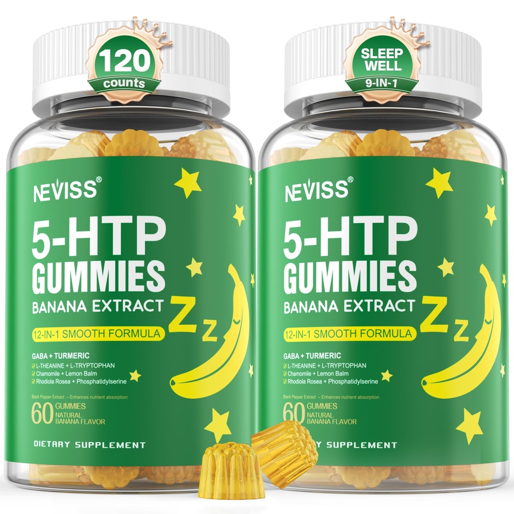 Gommies 5-HTP + GABA - Sans mélatonine - Gommies de relaxation avec extrait de banane, L-Theanine, L-Tryptophane, vitamine D3 pour le repos sain cycle et rythme circadien, fonction cérébrale et relaxation musculaire, paquet de 2