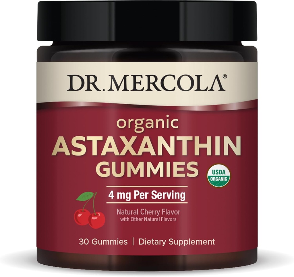 Dr. Mercola Astaxanthine biologique Gommies, 30 portions (30 portions), 4 mg par portion, complément alimentaire, antioxydant et soutien immunitaire, biologique certifié, non-OGM