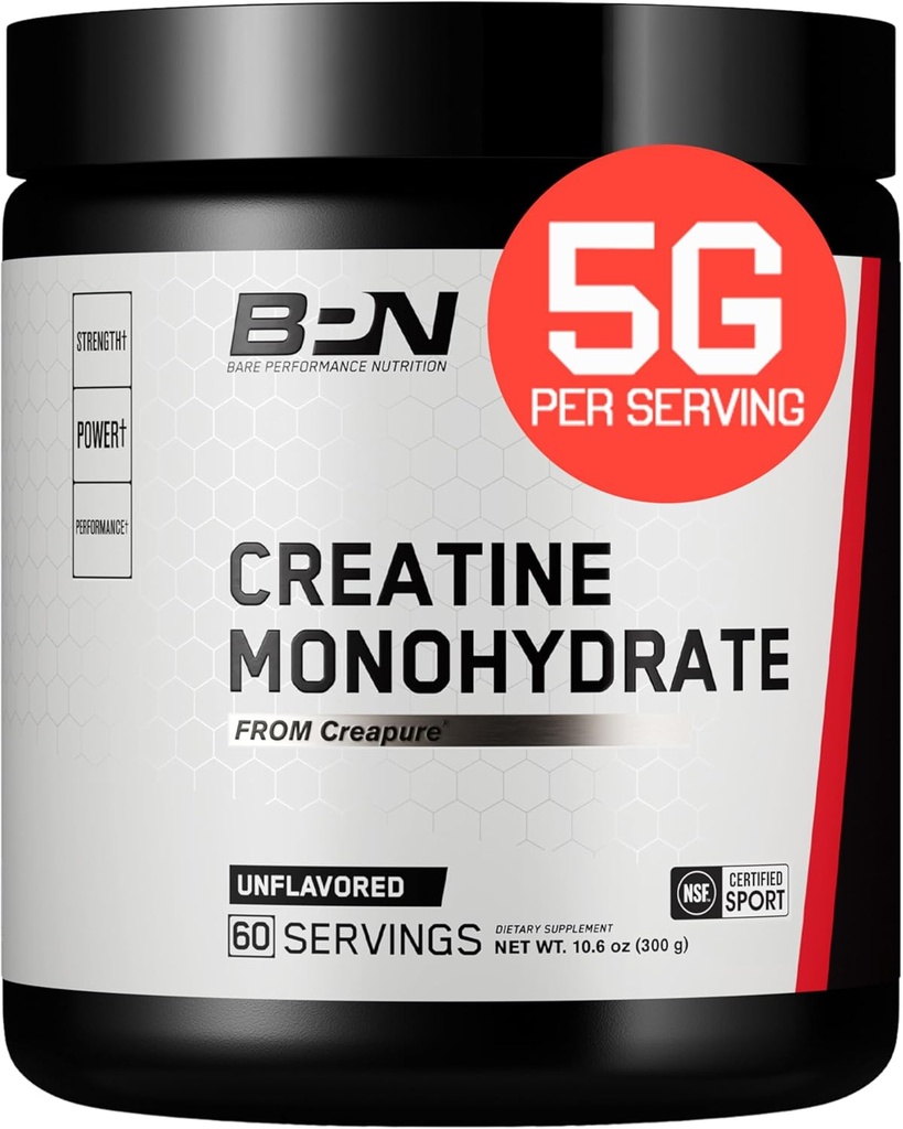 BARE PERFORMANCE NUTRITION, BPN Pure Creatine Monohydrate Powder by Creapure, 5g of Creatine per Serving, Supports Muscle Growth, Unflavored Creatine Powder, 60 Servings