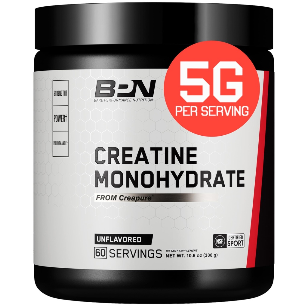 BARE PERFORMANCE NUTRITION, BPN poudre monohydratée de créatine pure par créapure, 5g de créatine par portion, soutient la croissance musculaire, poudre de créatine non aromatisée, 60 portions