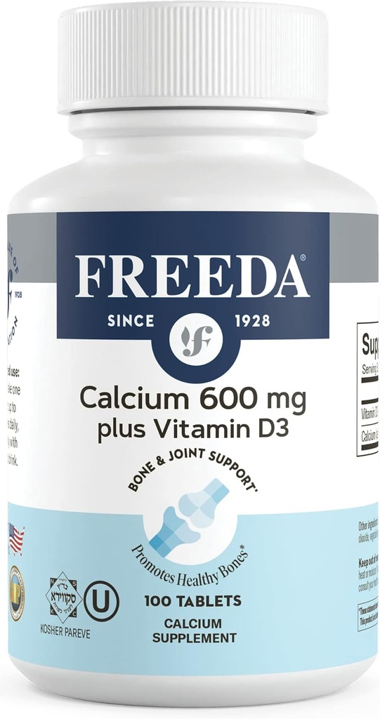 FREADA Calcium 600 mg avec vitamine D3 400 UI – Supplément de soutien des os essentiels – Comprimés enrobés sans gluten, faciles à avaler pour les femmes et les hommes (100 Ct)
