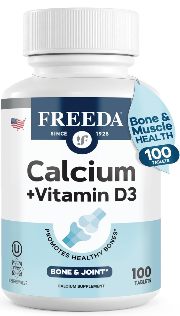 FREADA Calcium 600 mg avec vitamine D3 400 UI – Supplément de soutien des os essentiels – Comprimés enrobés sans gluten, faciles à avaler pour les femmes et les hommes (100 Ct)