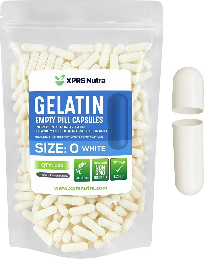 XPRS Nutra Taille 0 Capsules vides - 100 Compte Capsules de gélatine vides - Remplissage de la gélule de bricolage - Pure Pilule de Bovine Gel Caps pour Do-It-Youlf Suppléments (Blanc)