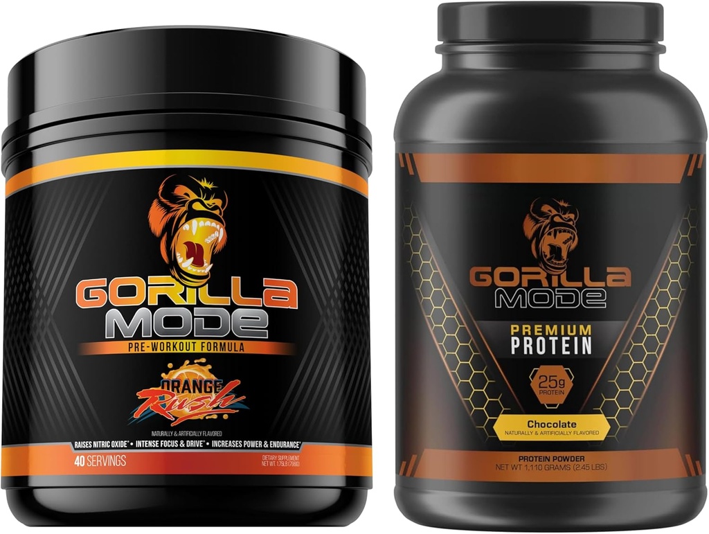 Gorilla Mind Pre Workout (Orange Rush) + Protéine de lactosérum Premium (chocolat) - Stack complet pour alimenter les résultats maximums