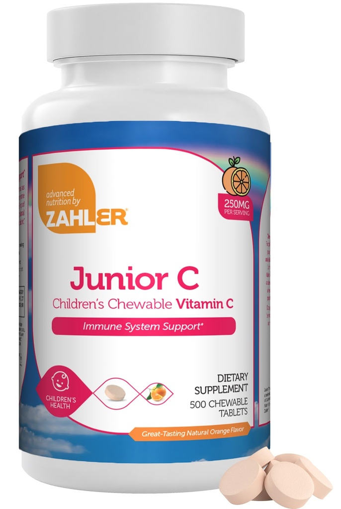 Zahler Junior C Advanced Chewable pour les enfants - Delicious Orange Flavor - Casher Kids pour l'immunité - Vitamine C Chewable Antioxydant - (500 Compte)