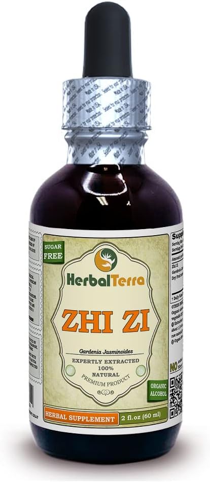 Zhi Zi, Gardenia (Gardenia Jasminoides) Teinture, Extrait liquide de fruits séchés organiques (Marque: HerbalTerra, Fièrement fabriqué aux États-Unis) 2 fl.oz (60 ml)