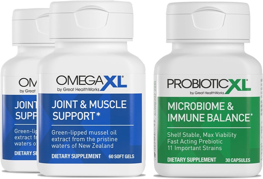OmegaXL complément puissant de soutien articulaire et musculaire 60 Comte (2 Pack) et probiotique XL - PreforPro, DE111, plateau stable - Promouvoir la croissance saine de la fleur de Gut (30 capsules de légumes)