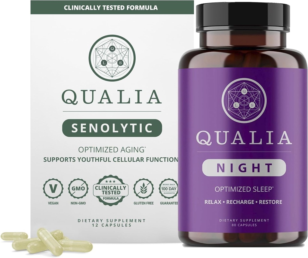 Qualia Life Sciences Bundle Qualia Night & Qualia Sénolytique, Suppléments scientifique pour le sommeil rafraîchissant et la réparation optimale des cellules