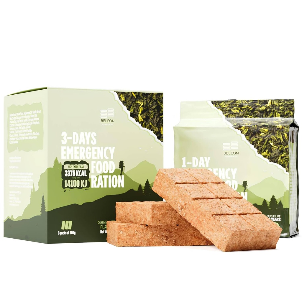 Thé vert Alimentation d'urgence - 3 jours 72 heures Biscuit Bars MRE Repas Militaires 2024 Trousse de survie - 20 ans Durée de conservation Camping Fournitures de randonnée