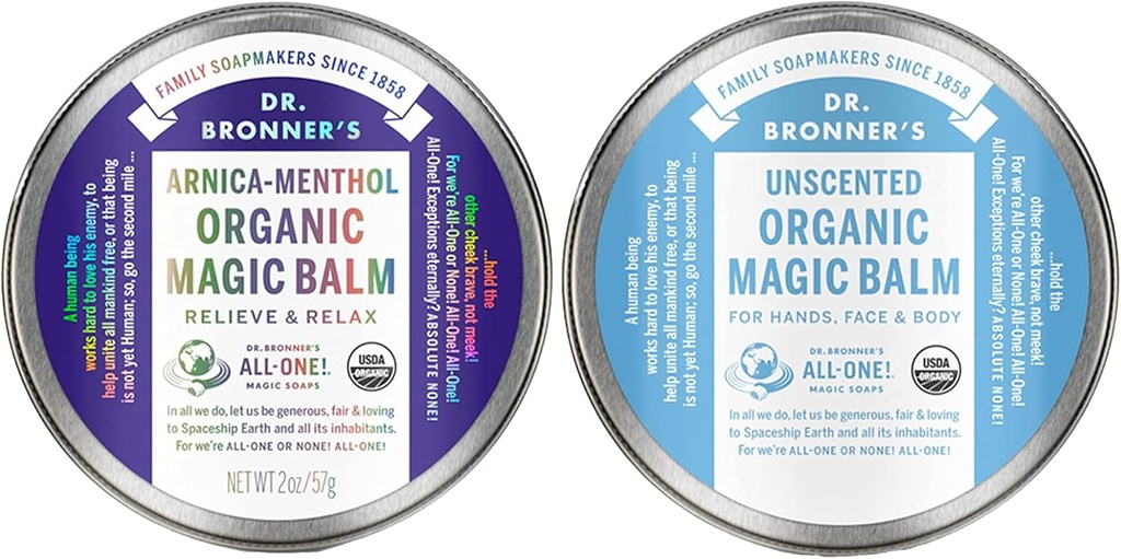 Dr. Bronner's - Baume magique biologique (2 oz) Arnica-Menthol & Baby Unscented - Fabriqué avec de la cire d'abeille biologique et huile de chanvre, hydratant et apaisant les mains, le visage et le corps