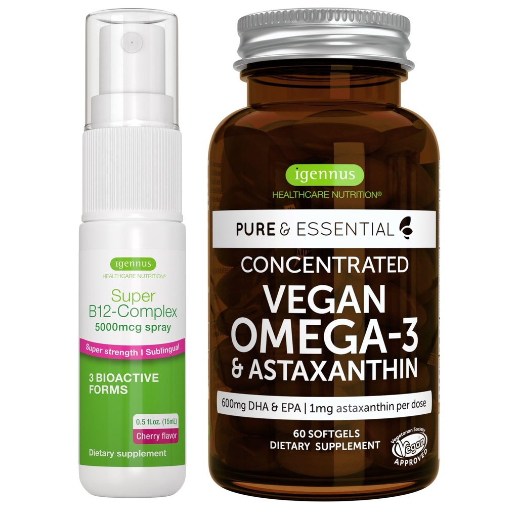 Huile d'algues Omega-3 Vegan + Super B12-Complex 5000mcg Bundle Vegan, haute concentration DHA & EPA + haute résistance B12 Arôme cerise Spray sublingual, par Igennus