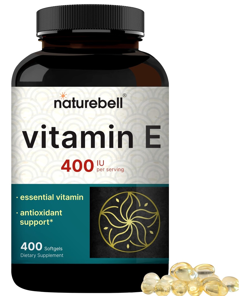 NatureBell Huile de Vitamine E Softgels, 400iu Par Servant, 400 pilules. Suppléments antioxydants essentiels, forme facilement absorbée – soutient la peau, le cœur et la santé immunitaire – non-OGM