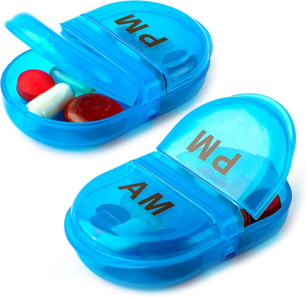 Deke Home - Pill Organizer AM PM, 2 compartiments Pill Box pour poche ou pour la chasse, petit cas de médecine quotidienne, porte-pilule de voyage, récipient à pilule facile à ouvrir, vitamines et suppléments (Blue, paquet de 2)